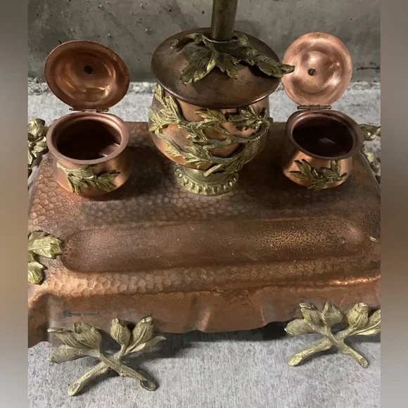 Hammered Copper French Bouillotte Lamp Handpainted Shade W/ Built In Inkwell WOW - Picture 3 of 12